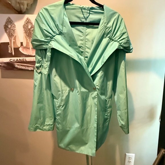 MaxMara Blue/Green Hood/Shawl Collar Trench Coat w/ Belted Waist Size 14/XL $ - Picture 14 of 16